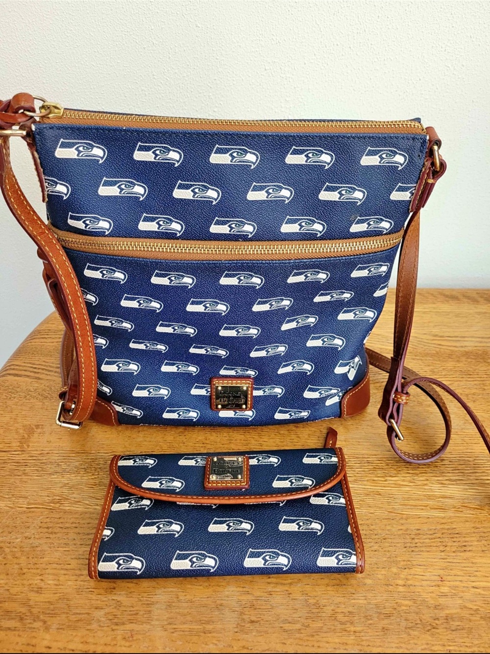 Dooney & Bourke Navy Seahawks Logo Crossbody with Brown Trim